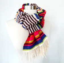 NEW 100% Pure Cashmere Bright Colors Striped Scarf 12x66 inch Fringe Germany