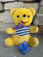 VTG Knickerbocker Teddy Bear Plush Purple Bow Striped Shirt Yellow Original Tag
