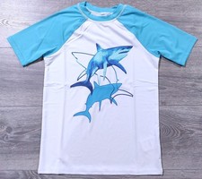 Lands End Shirt Boys Medium 8 White Shark Rash Guard Swim Shirt Kids