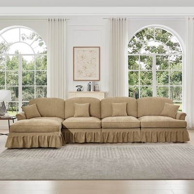 L-Shaped Sectional Sofa 4-Seat Chenille Light Brown w/ Ottoman