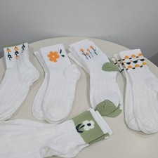 Women's Crew Socks 5 Pairs White Orange Floral Pattern Full Toe Opaque