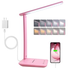 LED Desk Lamp Dimmable Table Light USB Charging Port Foldable 13.3 Inch Pink