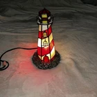Vintage Tiffany Style White Red Stained Glass Lighthouse Lamp WORKS On Rock Base