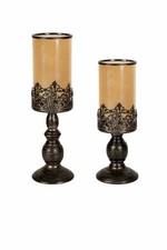 Amber Glass Hurricane Candle Holder Black Metal Pedestal Pillar Farmhouse Decor