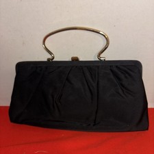 Vtg Bobbie Jerome Black Fabric Evening Purse Satin Interior W/Gold Handle Clasp