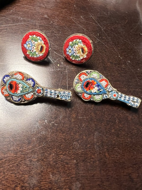 Vintage Micro Mosaic Italy Earrings Banjo Brooches Flowers