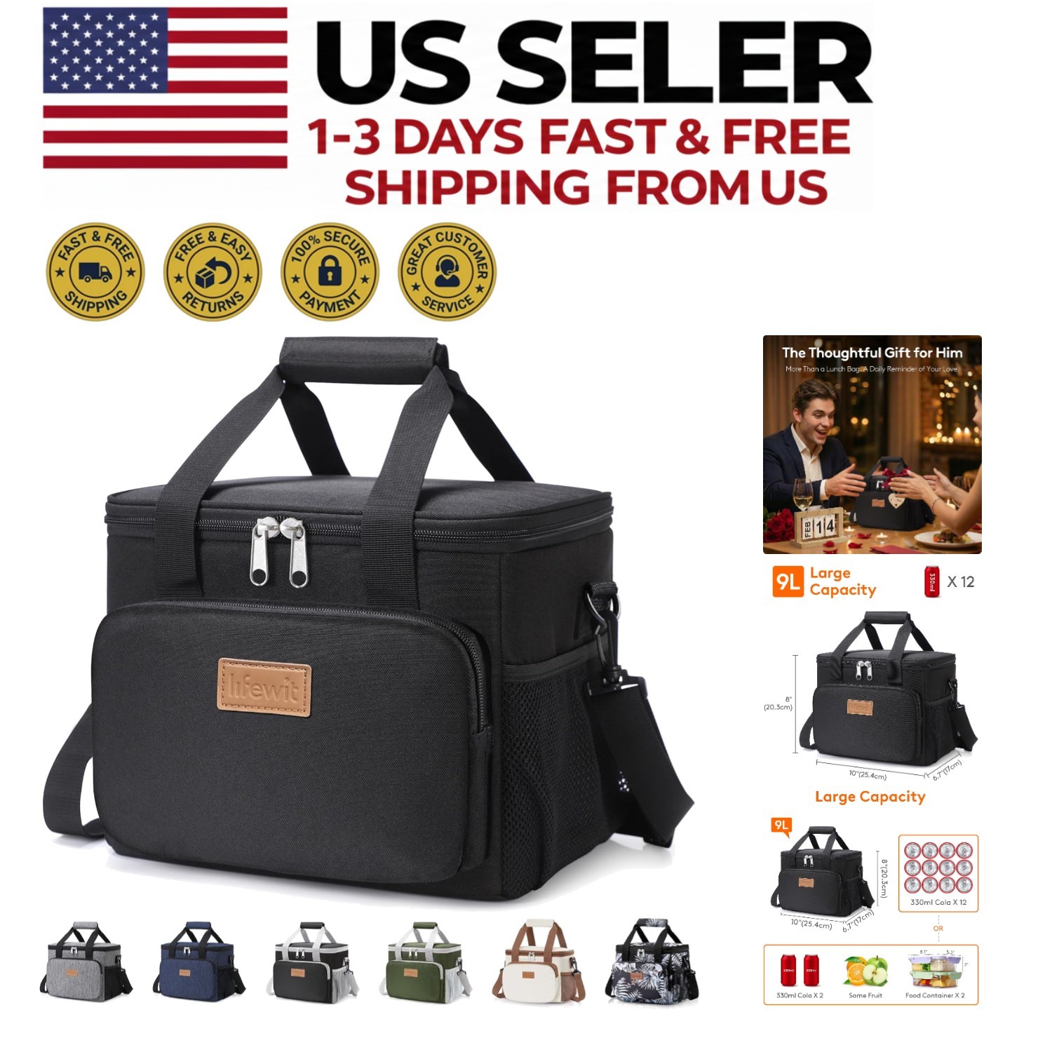 Large Capacity Black Lunch Bag - Insulated, Leakproof & Comfortable Carry Design