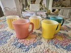 Great Lot Of 5 Vintage Fire King/ Hazel Atlas Mugs Rare Pink Yellow Stripe READ