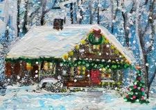 ACEO Original  PAINTING Winter XMAS HOUSE Cabin Trees Snow Holiday Landscape ART