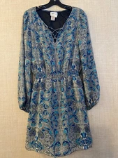 Max Studio long sleeve dress size M gray with teal, blue, & black print