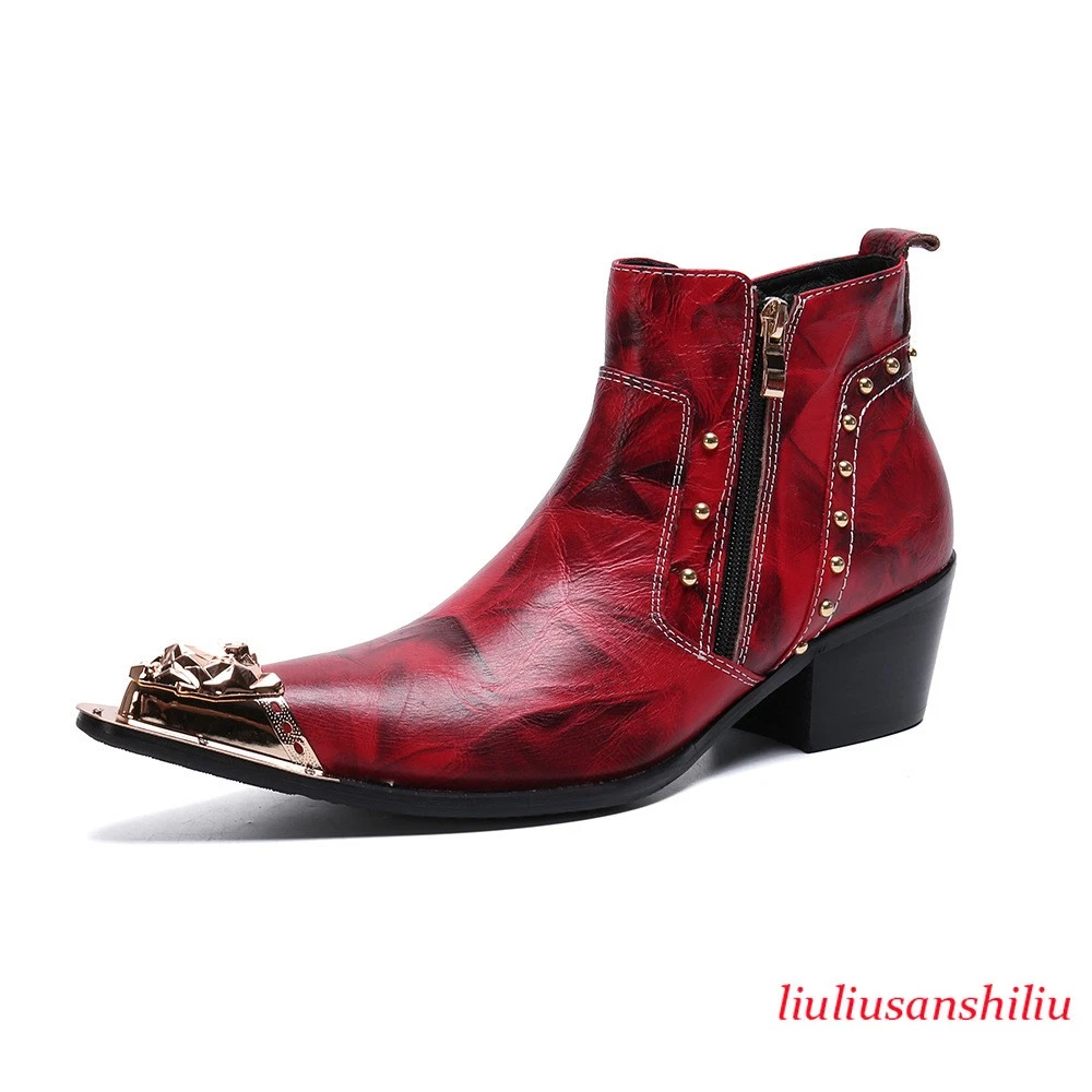 Men's Leather Pointed Toe Rivet Zip Ankle Boots Casual Outdoor Motor Shoes