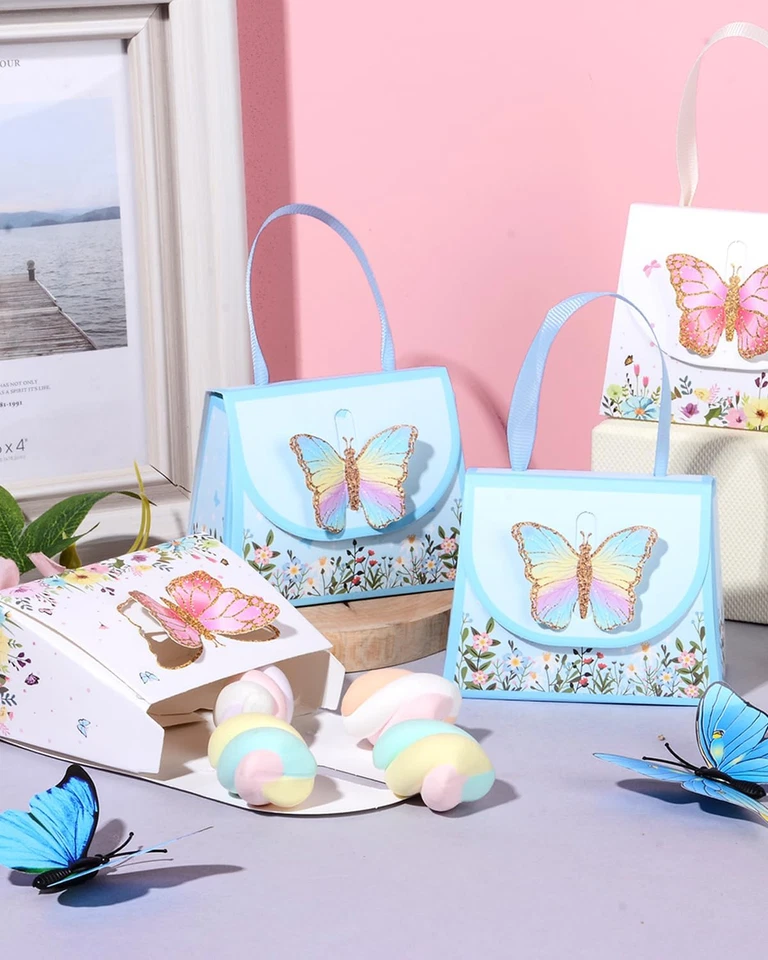 Caja de 20 piezas de regalos de fiesta de mariposas 3D cajas de golosinas de mariposas con asas trasero Foto 3 de 4
