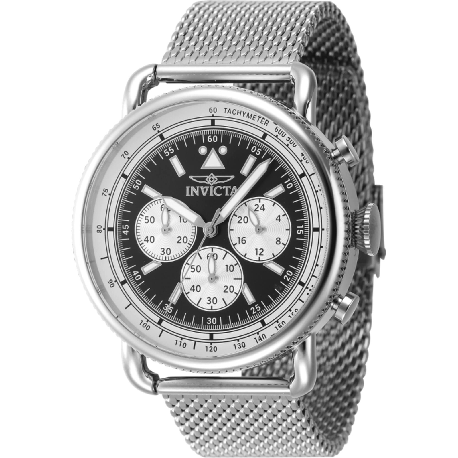 Мужские часы Invicta Speedway Chronograph с черным циферблатом и серебряным сетчатым браслетом 47358