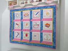 Handmade Wall Quilt Pieced Machine Embroidered 30'' x 38'' "Sewing Room"
