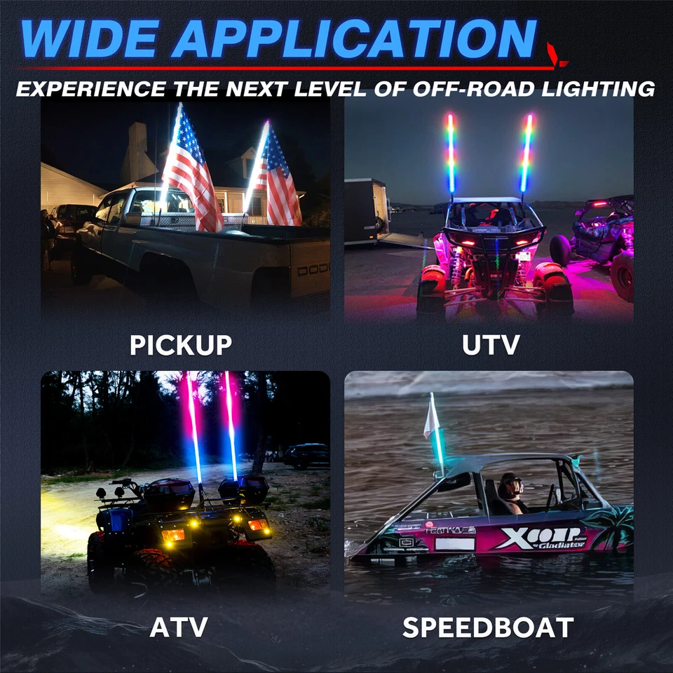 2x 3FT Spiral LED Whip Lights Antenna RGB Chasing APP Control For Can Am UTV ATV - Image 4 of 4
