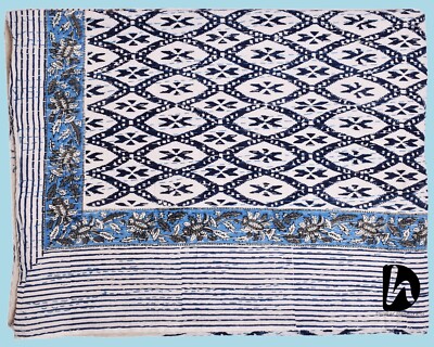King Size Indian Kantha Quilt – Blue Cotton Patchwork Throw / Bedsheet