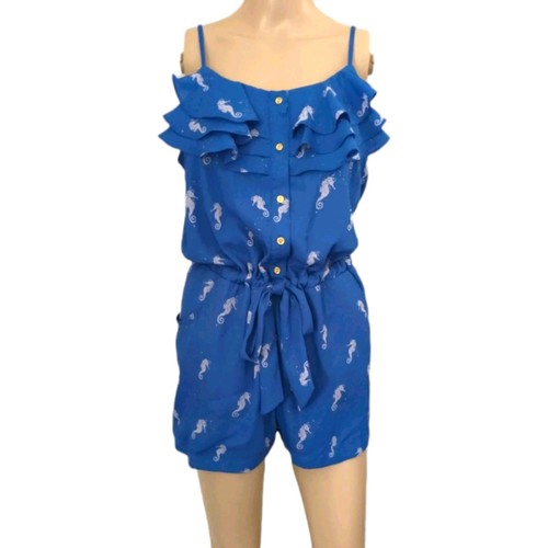L'Amour Seahorse Print Romper L Playsuit Blue One Piece Ruffles Drawstring Waist - Picture 5 of 24
