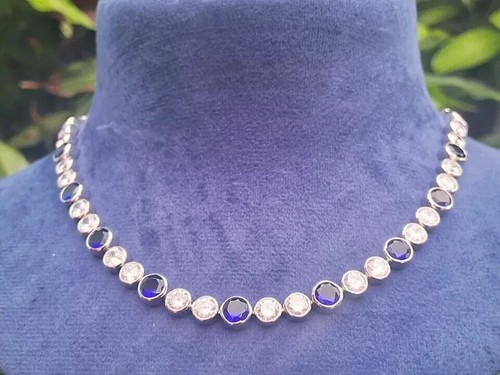 4MM Round Lab Created Sapphire Women's Choker Necklace 14K White Gold Plated 16" - Picture 2 of 4