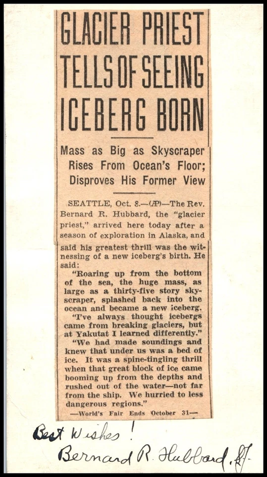 1934 Glacier Priest - Rev. B. R. Hubbard signed, with iceberg science article (A - Image 2 of 2
