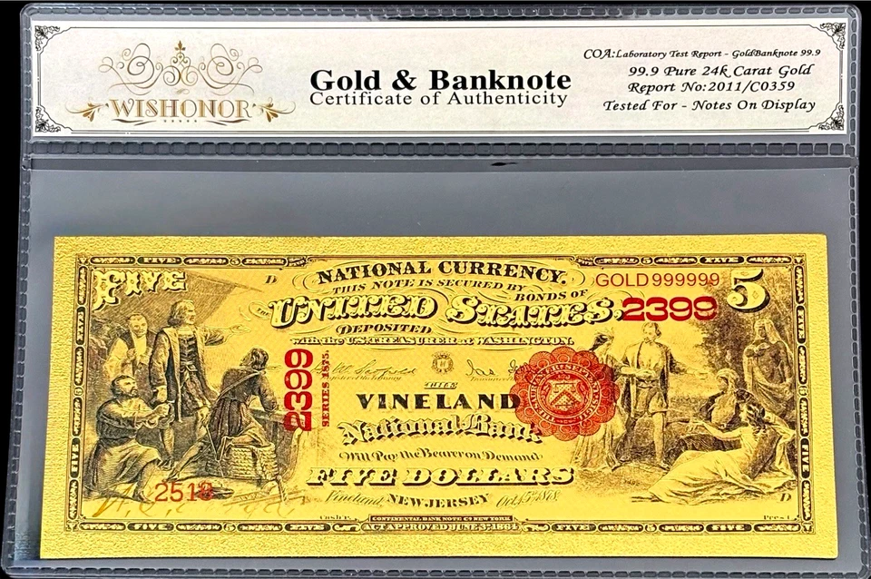 LOT X 5 1875 $5 BILL US BANKNOTES IN PROTECTIVE SLEEVE W COA 99.9% 24K GOLD - Image 2 of 4