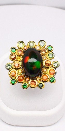 Anillo de ópalo y piedras preciosas en plata de ley 925 (enchapado en rodio negro y oro amarillo) - Imagen 2 de 12