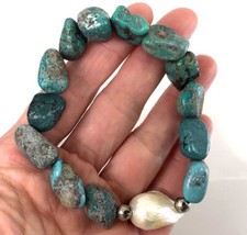 Blue Turquoise Bracelet Rough Nugget/Pearl Beads Kingman Healing Gemstone 7.75"