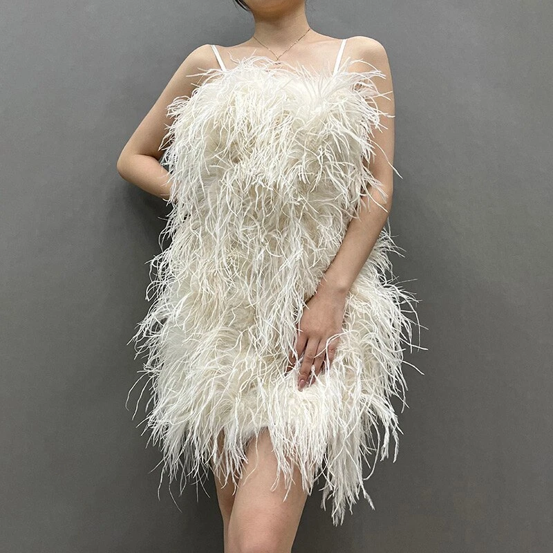 2023 Women Ostrich Feather Dress Sexy Strap Solid Off Shoulder Wedding Fur  Dress