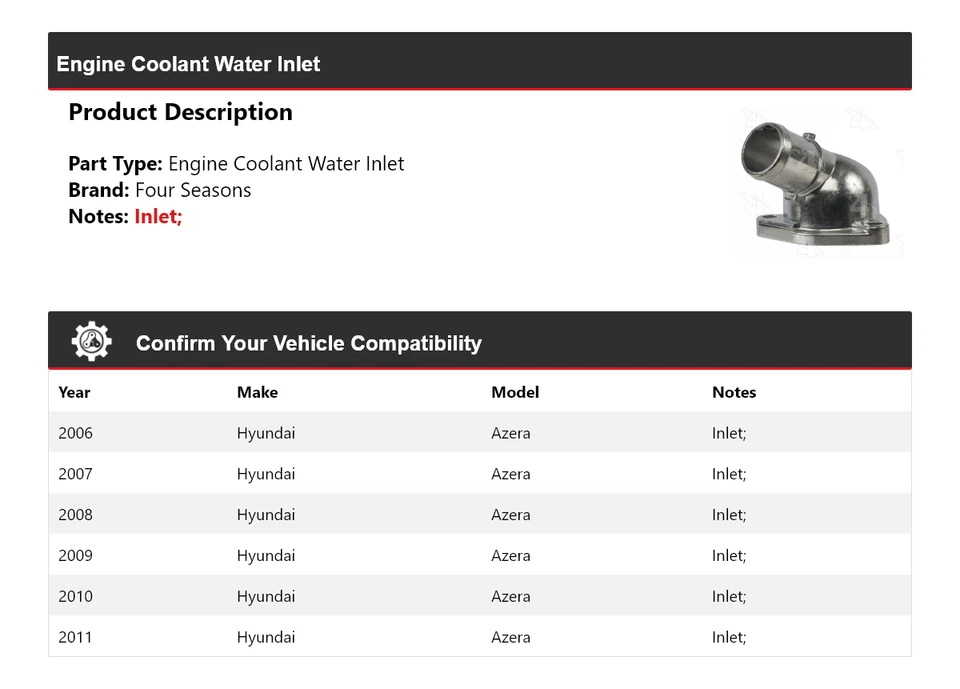 Впускное отверстие для воды охлаждающей жидкости двигателя Hyundai Azera 2006-2011 годов выпуска 4 сезона 2007 2008 2009 годов выпуска - Изображение 2 из 4