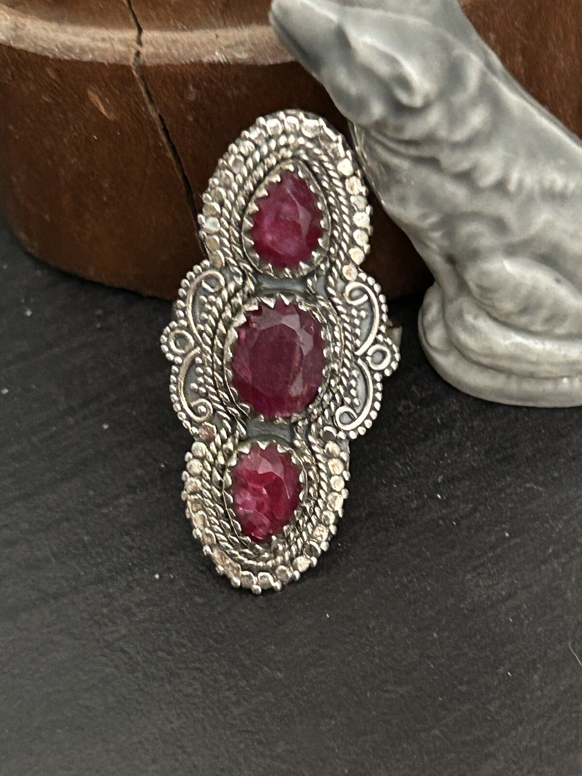 Three Stone Natural Ruby Ring Sterling Silver Siz… - image 1