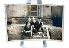 WW2 Era Photo U.S. GIs Sitting On Steps In Front Of House