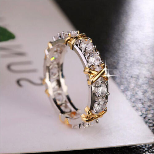 Woman Double Color White Fire Topaz Gems Yellow Gold Plated Silver Ring Sz 6-10 - 第 1/5 張圖片