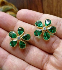 Lab-Created Emerald 2Ct Pear Cut Flower Earrings Women's 14K Yellow Gold Plated