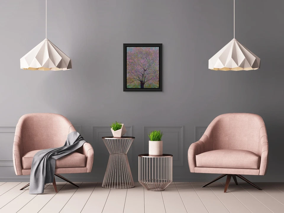 Pink Tree 16x20 Framed Original Oil Painting on Acrylic Glass Colorful Monet - Image 3 of 3