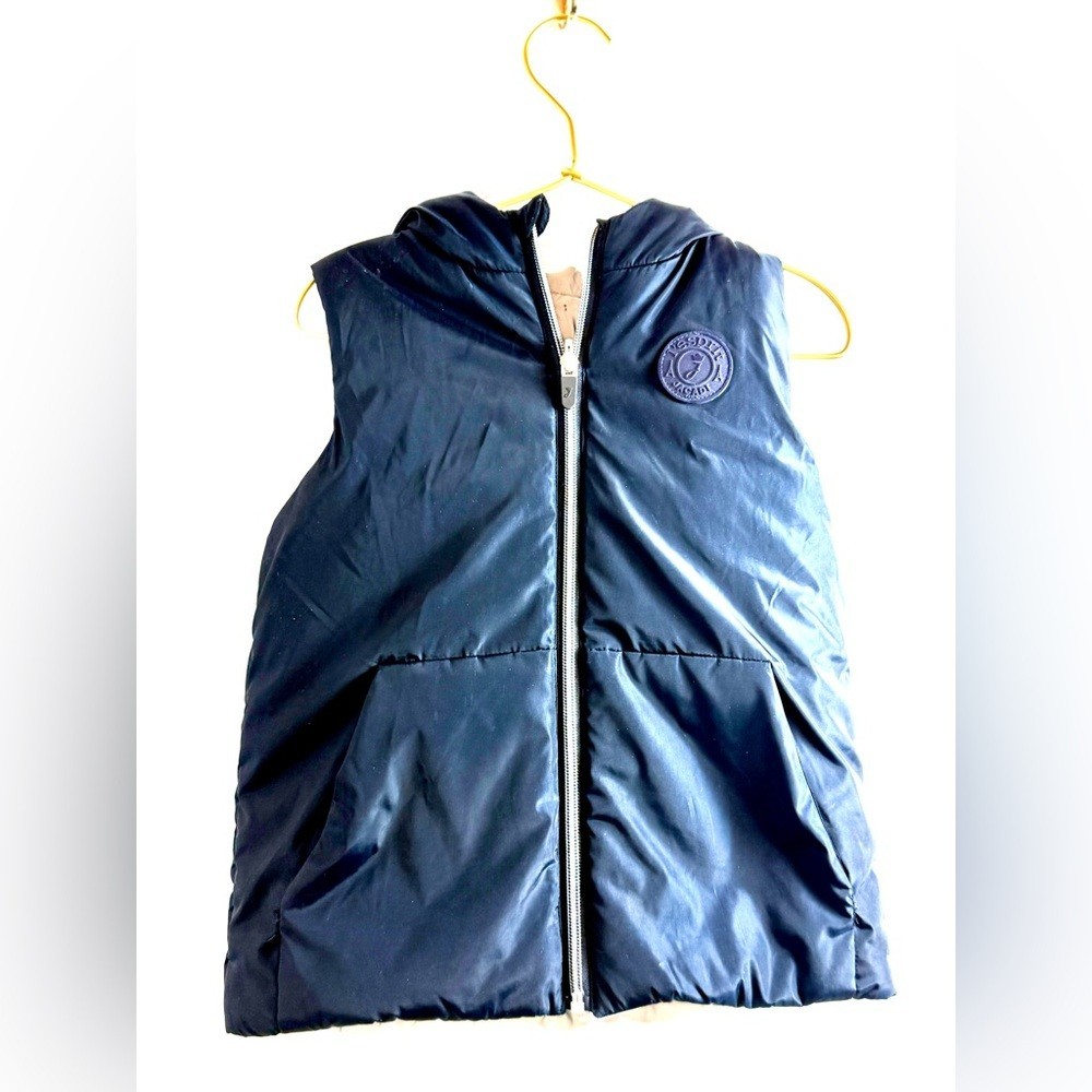 Jacadi Boys Navy Kids Reversible Vest Hooded Winter Fall School Cozy