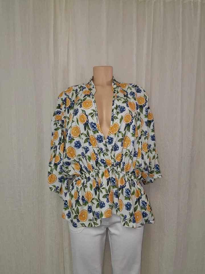 Blusa Maeve Anthropologie XL Manga Corta Acanalada Peplum Naranja Limón Arándano Foto 3 de 4