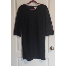 Chico's Lace Overlay Navy Blue Dress 3/4 Sheer Lace Sleeve Sz 1 (8-10) Church