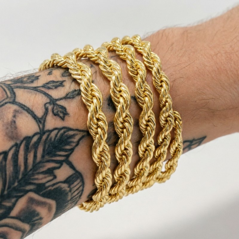 10K Yellow Gold Diamond Cut Rope 6mm-10mm Chain Link Bracelet 7.5