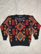 Vintage Aztec Colorful Crewneck Knit Sweater Geometric Cotton Grandpa Sz Small