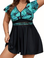 Womens Plus Size Swim Dress Curvy Modest Swimsuit Tankini Tummy Control Bathi...