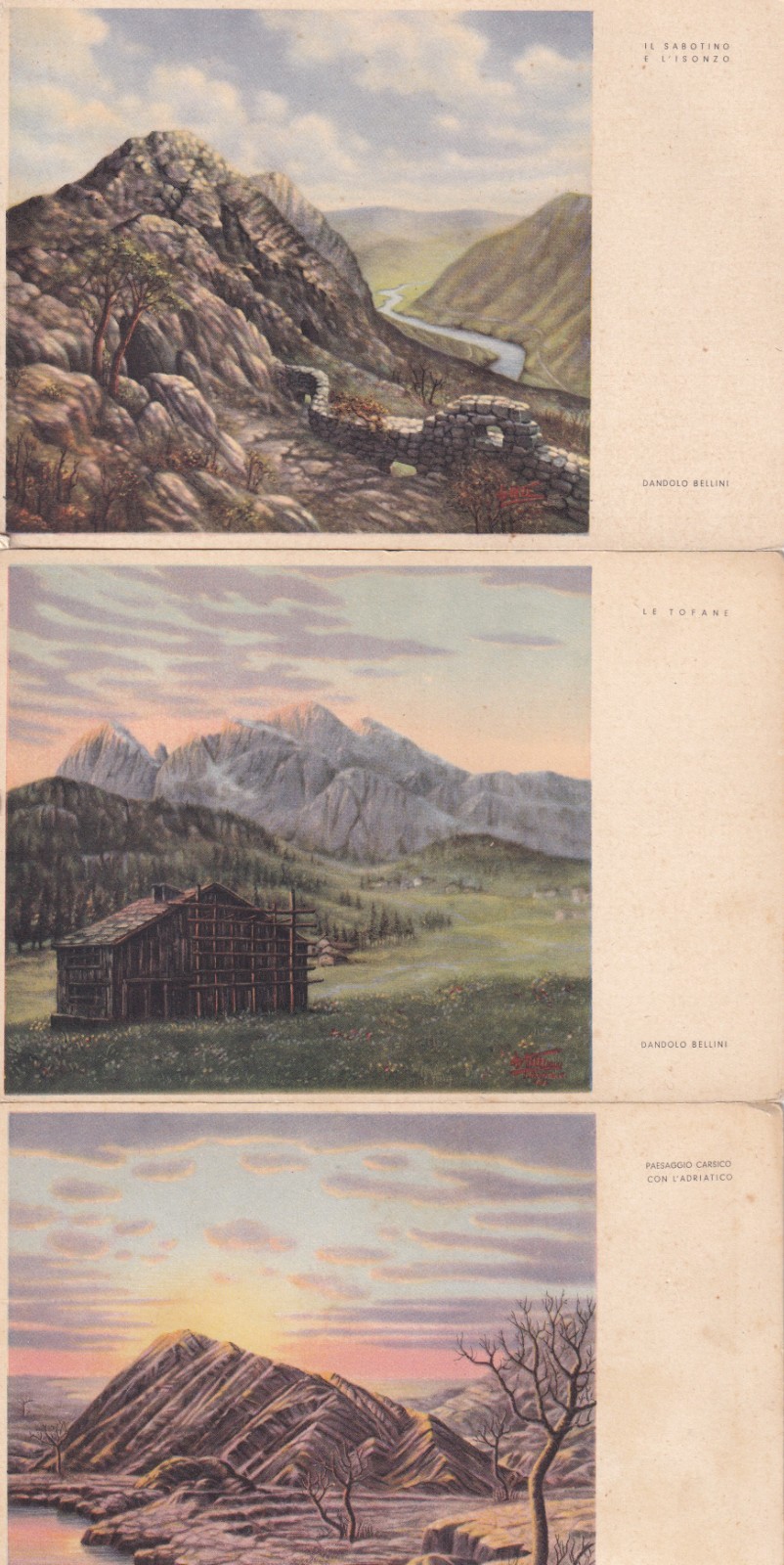 3 CARTOLINE MILITARI ,VETTE EROICHE - CARSO - TOFANE - SABOTINO - D.BELLINI 1939