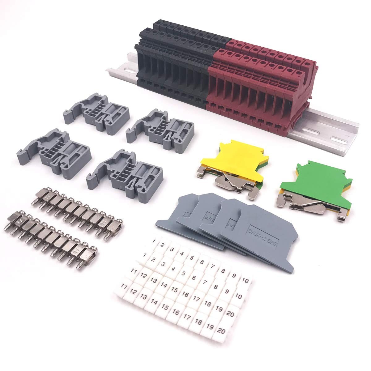 DIN Rail Terminal Blocks Kit, 20PCS UK2.5B Terminal Blocks 12 AWG Gauge, 20A 600