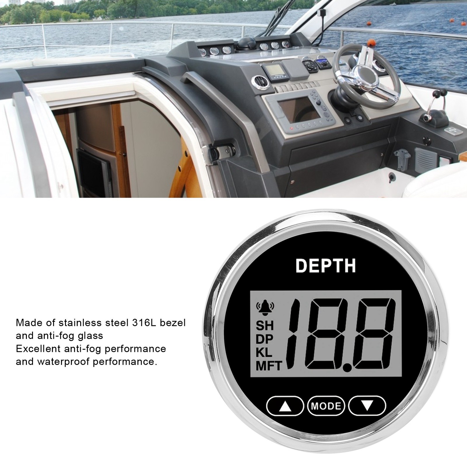 ⁺52mm/2in Marine Depth Gauge Rang 100m/110yd White Backlight Waterproof For