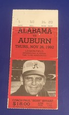1992 Alabama vs Auburn Football Ticket Stub / Thurs. Nov 26, 1992 / Coach Bryant