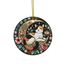 Calico Cat on Crescent Moon Ceramic Ornament, Floral Stained Glass Style Decor