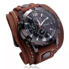 Reloj De Pulsera Para Hombres Cuarzo De Cristal Correa De Cuero Retro