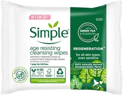 Simple Regeneration Age Resisting Biodegradable Facial Wipes Make-Up (20 Wipes)