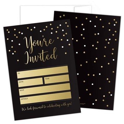 Black Gold Party Invitations With Envelopes Birthday Graduation 25 PCS