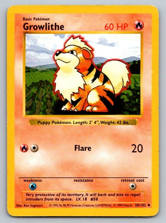 Growlithe Base Set (Shadowless) 028/102 LP Unlimited