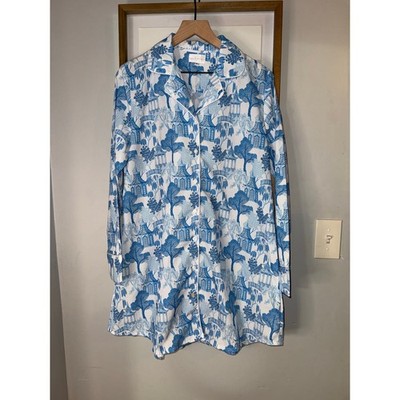 Cecil and Lou women s button front blue print poplin sleep shirt size medium 
