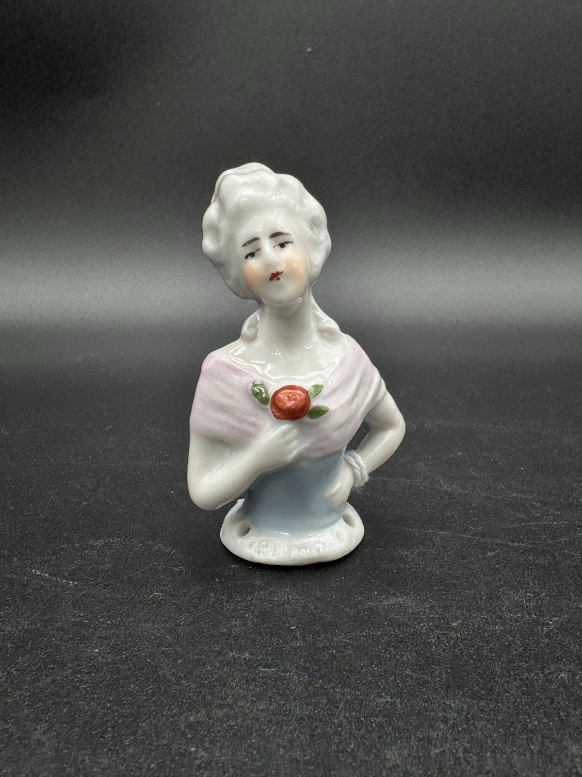 Antique German Porcelain Half Doll Hat Pin Holder Bust w Rose c1900